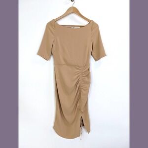 L'agence Size 2 Womens Silk Ruched Short Sleeve Bodycon Midi Dress Tan Sand